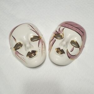 Handmade Mardi Gras Ceramic Masks || Set of 2, Cream Base, Pink and Gold Designs
